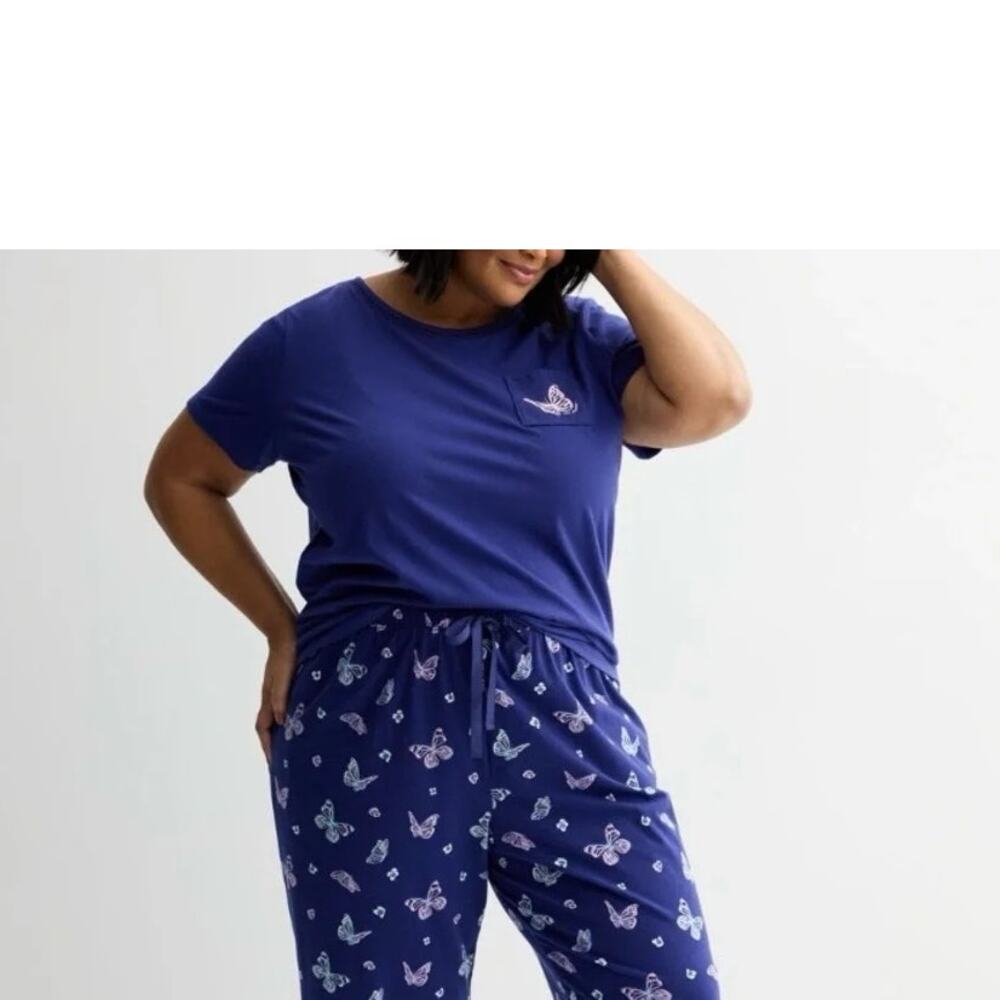 NWT Croft & Barrow Navy Blue Pink Butterfly Sleepwear Pajama Top Women's Large